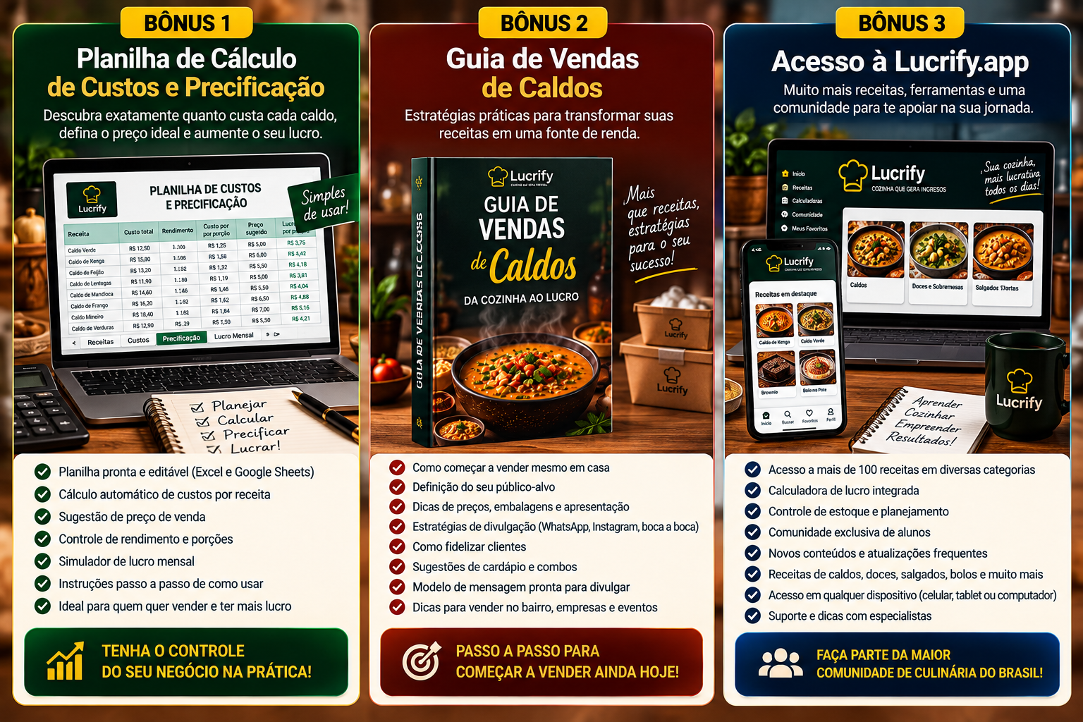 Tres bonos exclusivos: hoja de cálculo de costos y precios, guía de ventas de caldos y acceso a Lucrify.app