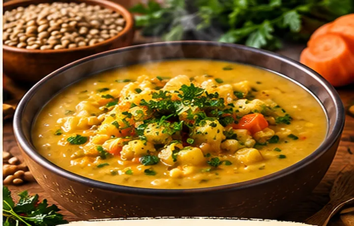 Caldo de Lentejas caliente con ingredientes frescos