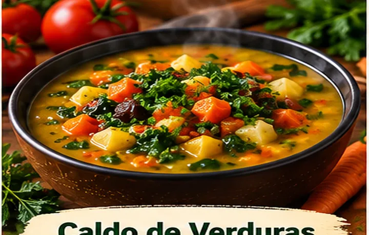 Caldo de Verduras caliente con ingredientes frescos