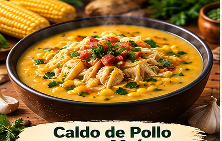 Caldo de Pollo con Maíz caliente con ingredientes frescos